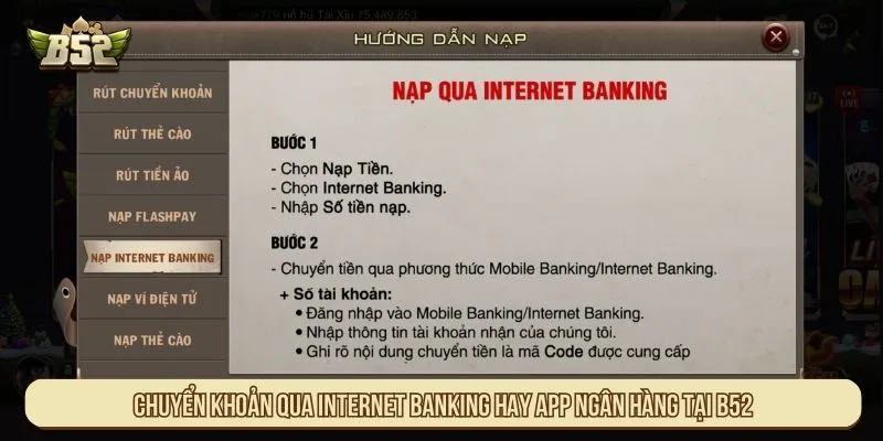 Chuyển khoản qua Internet Banking hay app ngân hàng tại B52